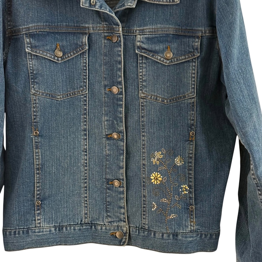 90's Sunburst Denim Jacket Women L Blue Floral Studded Rhinestone Trucker Coat - Picture 11 of 16